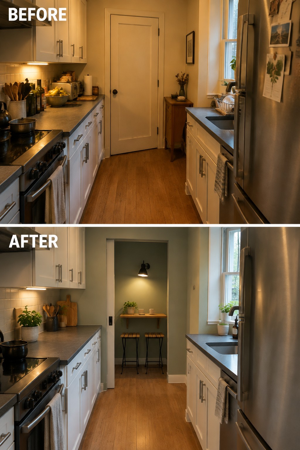Before-and-after makeover image of a galley kitchen where a closed door at the far end is replaced by an open breakfast nook with a narrow table and two stools.