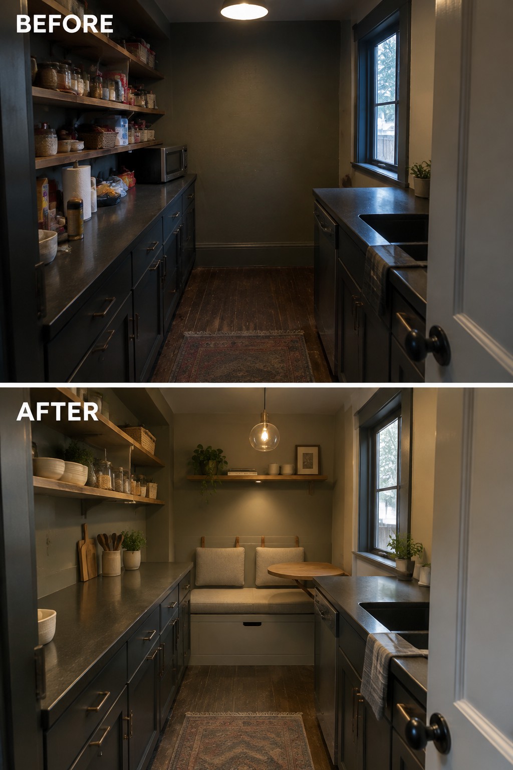 Before-and-after makeover image of a galley kitchen with a cluttered, empty end changed into a breakfast nook with a built-in bench and small table.