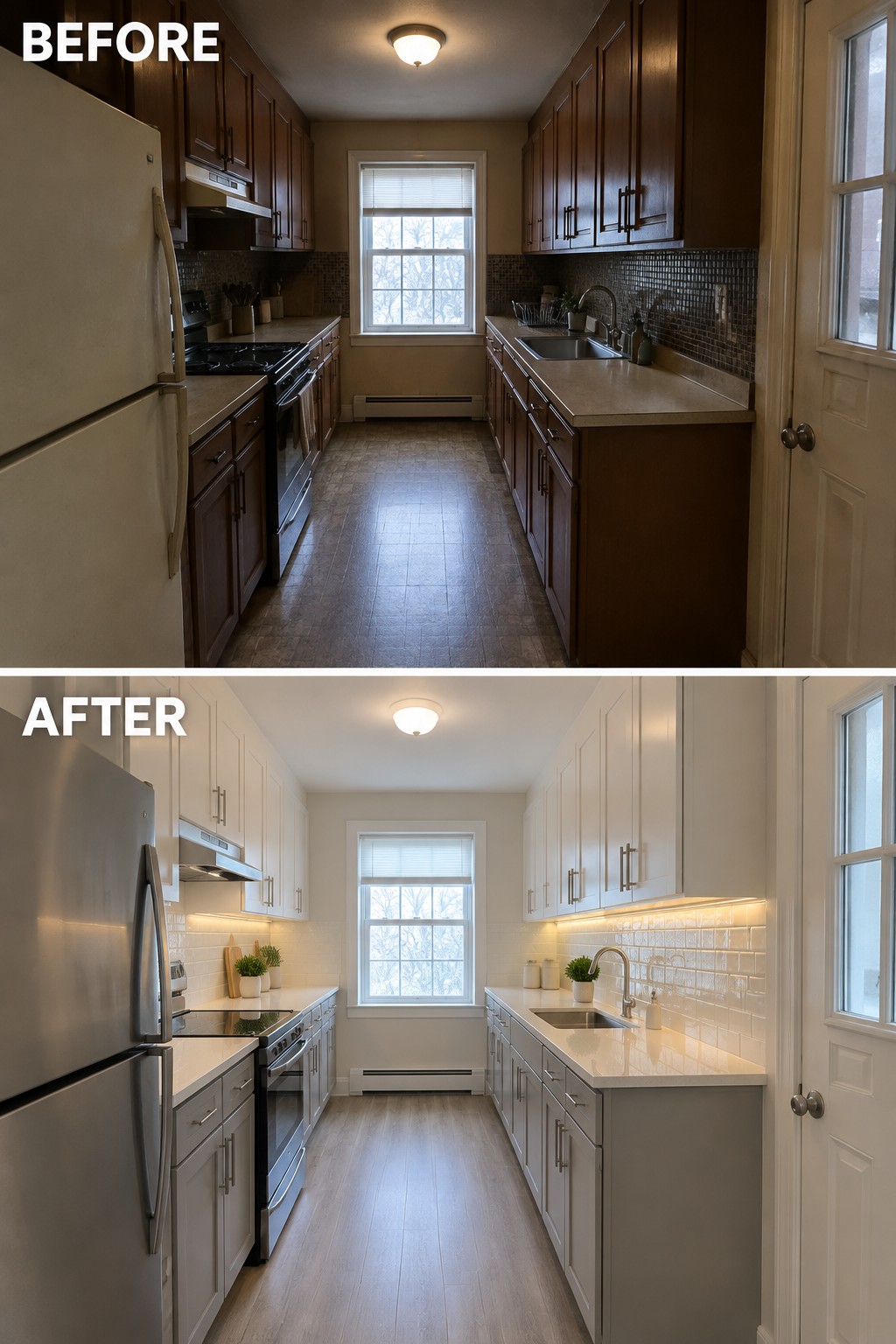 Before-and-after makeover image of a galley kitchen updated with light cabinets, a white backsplash, and wood-look flooring.