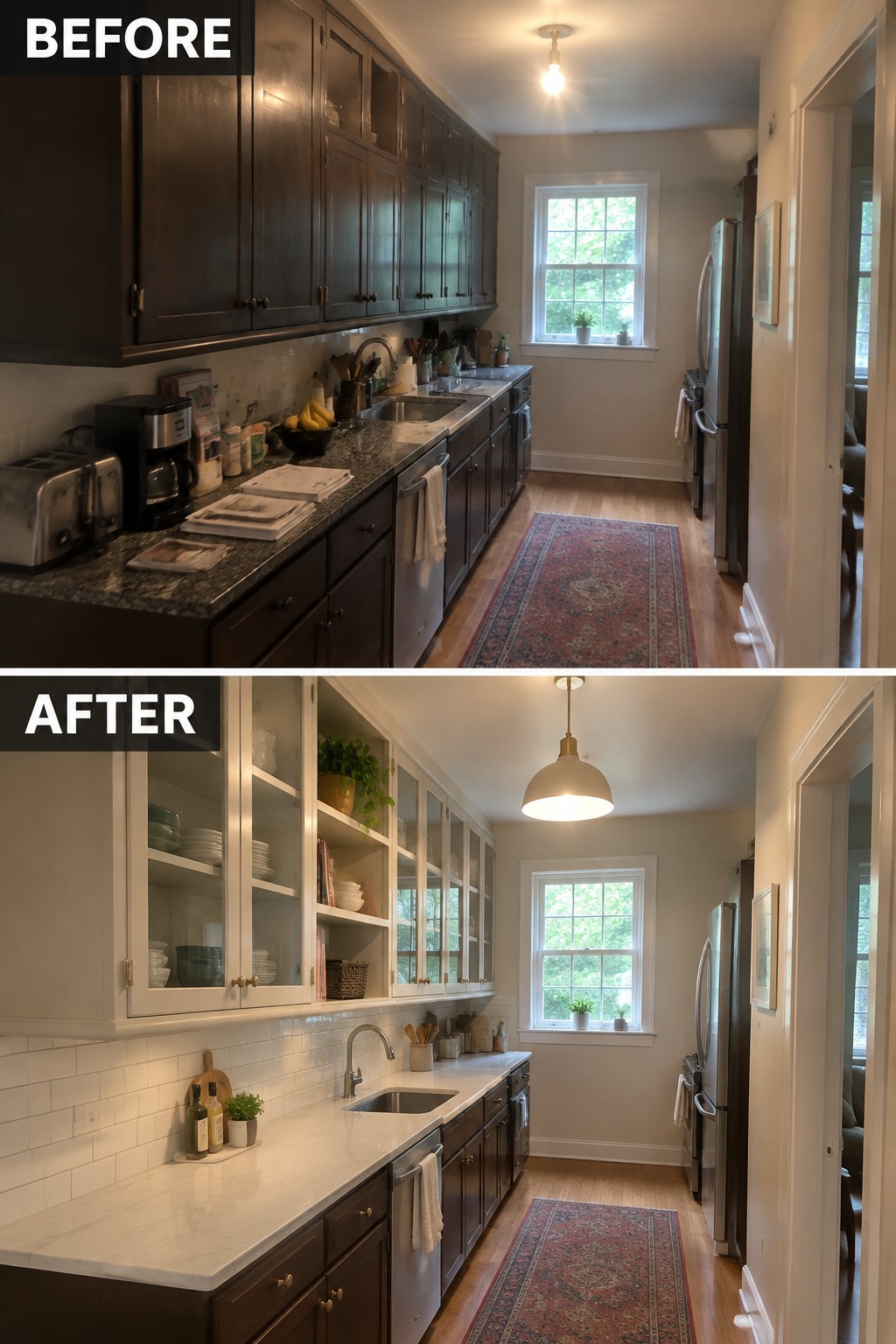 Before-and-after makeover image of a galley kitchen changed from dark solid upper cabinets and dark counters to light glass-front upper cabinets and pale counters.