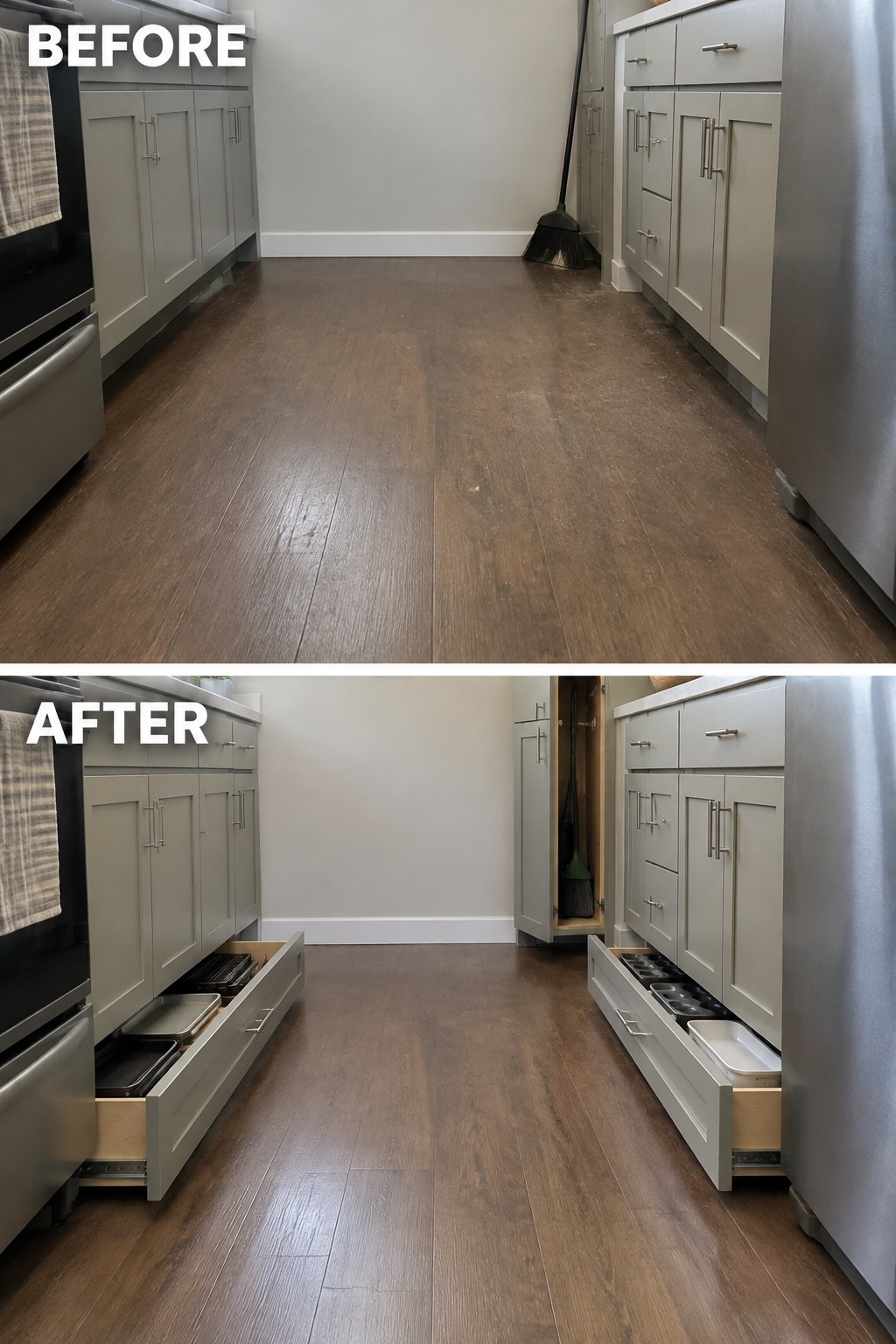 Before-and-after makeover image of a galley kitchen with lower cabinet doors replaced by pull-out drawers for cookware storage.