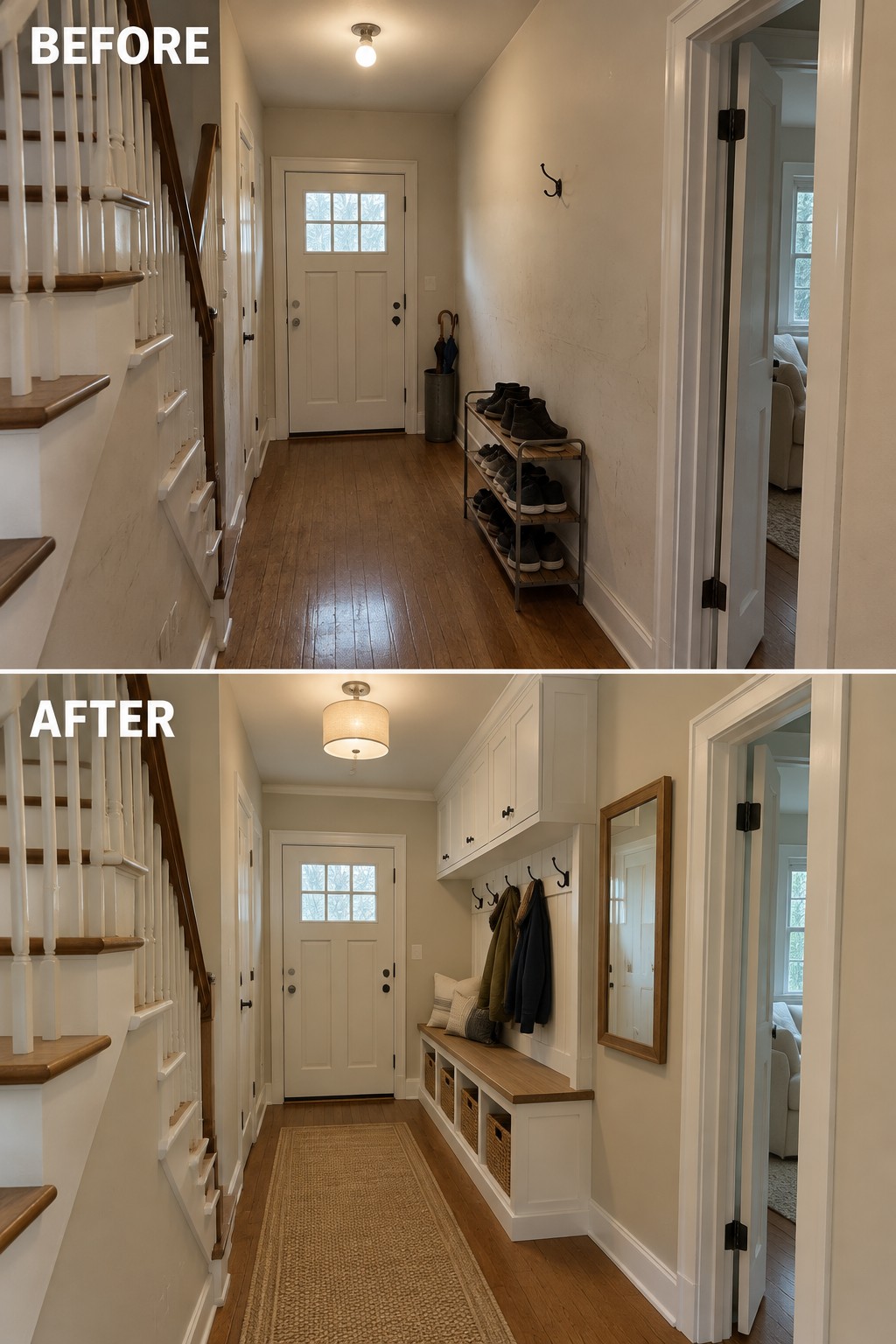 Before-and-after makeover image of a narrow entry changed from a shoe rack and bare wall to a built-in bench with cubbies, upper cabinets, and coat hooks.