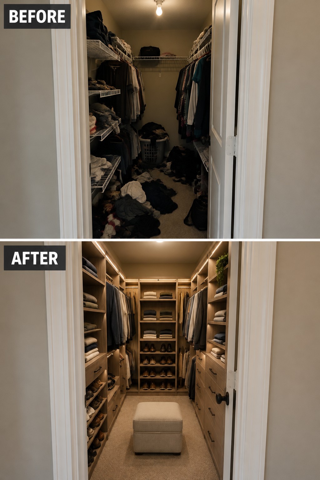 Before-and-after makeover image of a cluttered walk-in closet with wire shelving transformed into an organized closet with built-in shelves, drawers, and a clear walkway.