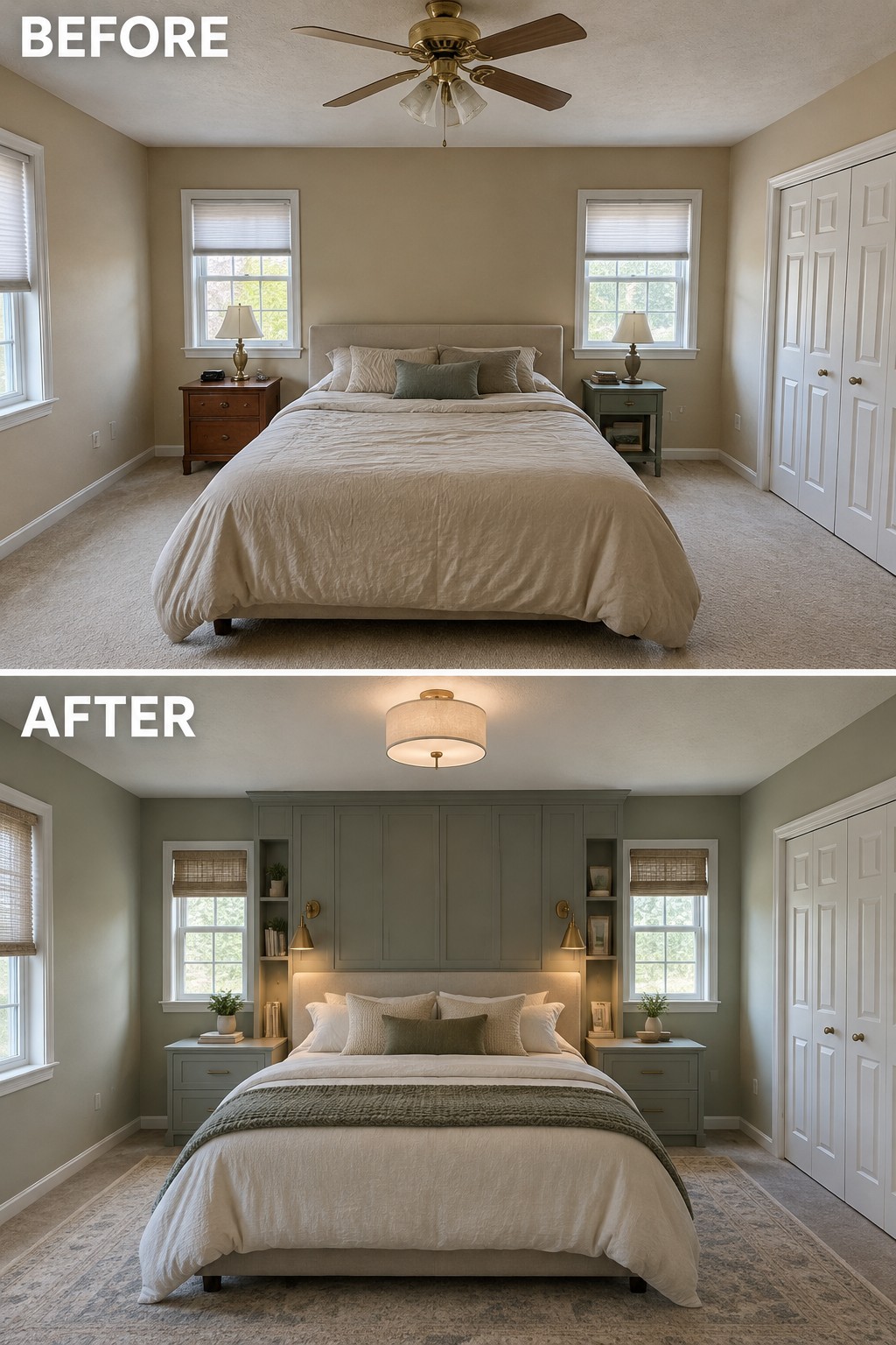 Before-and-after makeover image of a bedroom updated with a built-in headboard wall, bedside cabinets, and coordinated lighting.