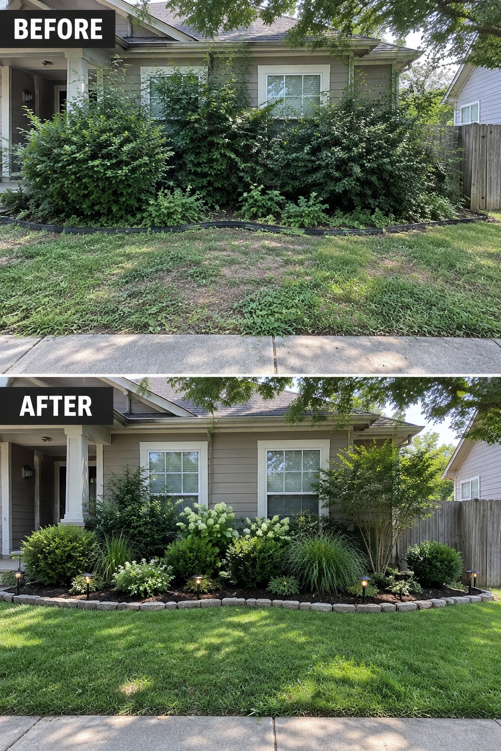 Before-and-after makeover image of an overgrown front garden changed into a defined planting bed with shrubs, flowers, edging, and lawn.