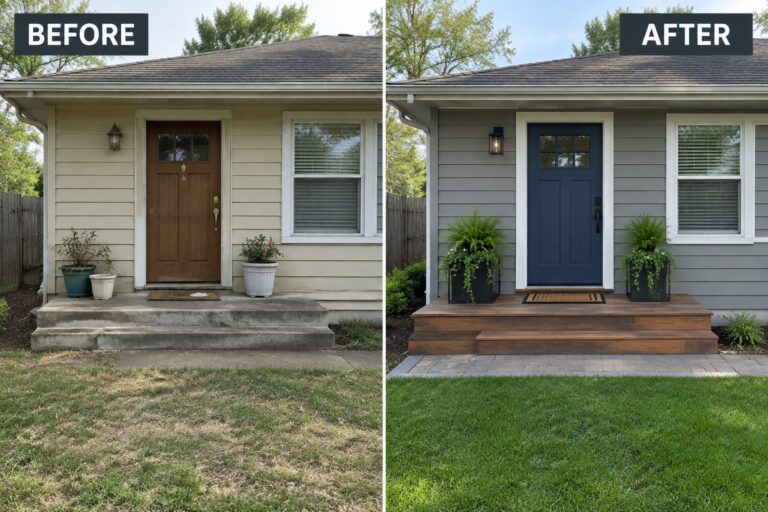 18 Whole House Remodel Ideas Organized Into Practical Renovation Phases Before-and-after makeover image of a home’s front entry updated with a blue door, wood steps, planters, and a paved walkway.