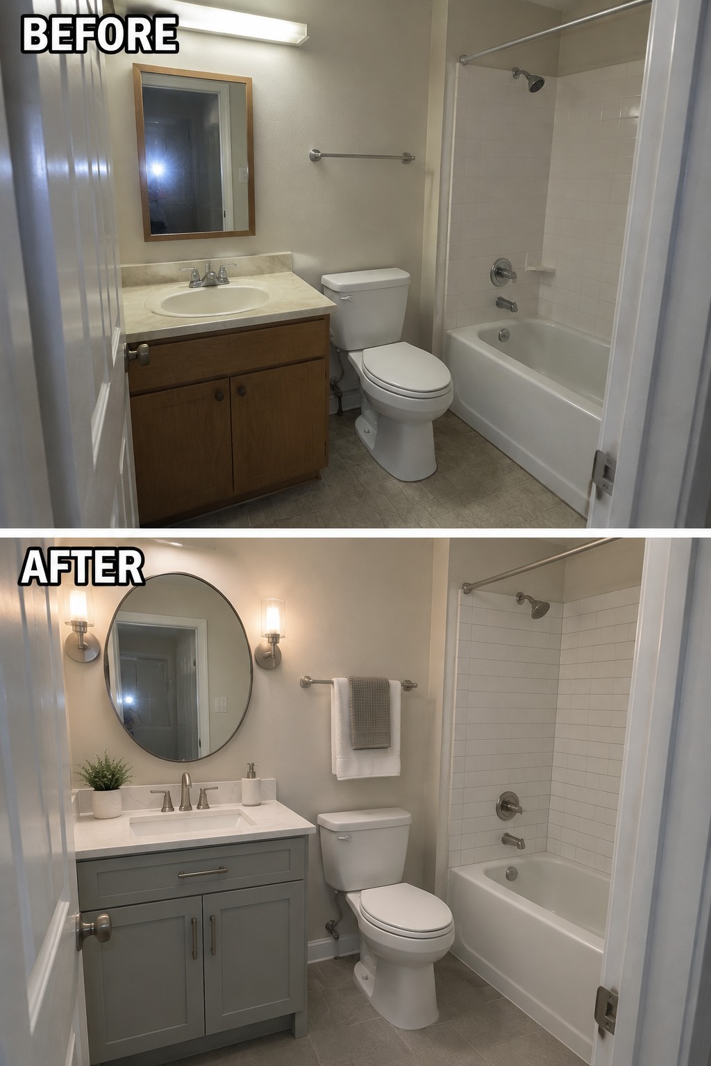 Before-and-after makeover image of a bathroom updated with a gray vanity, a round mirror, and wall sconces.