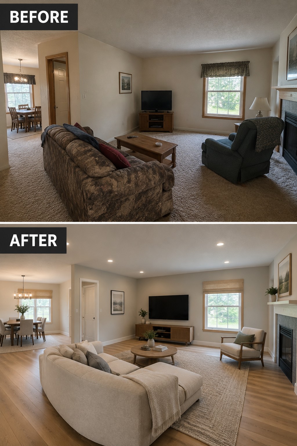 Before-and-after image of a living room updated with wood flooring, a light sectional sofa, and a rug defining the seating area.