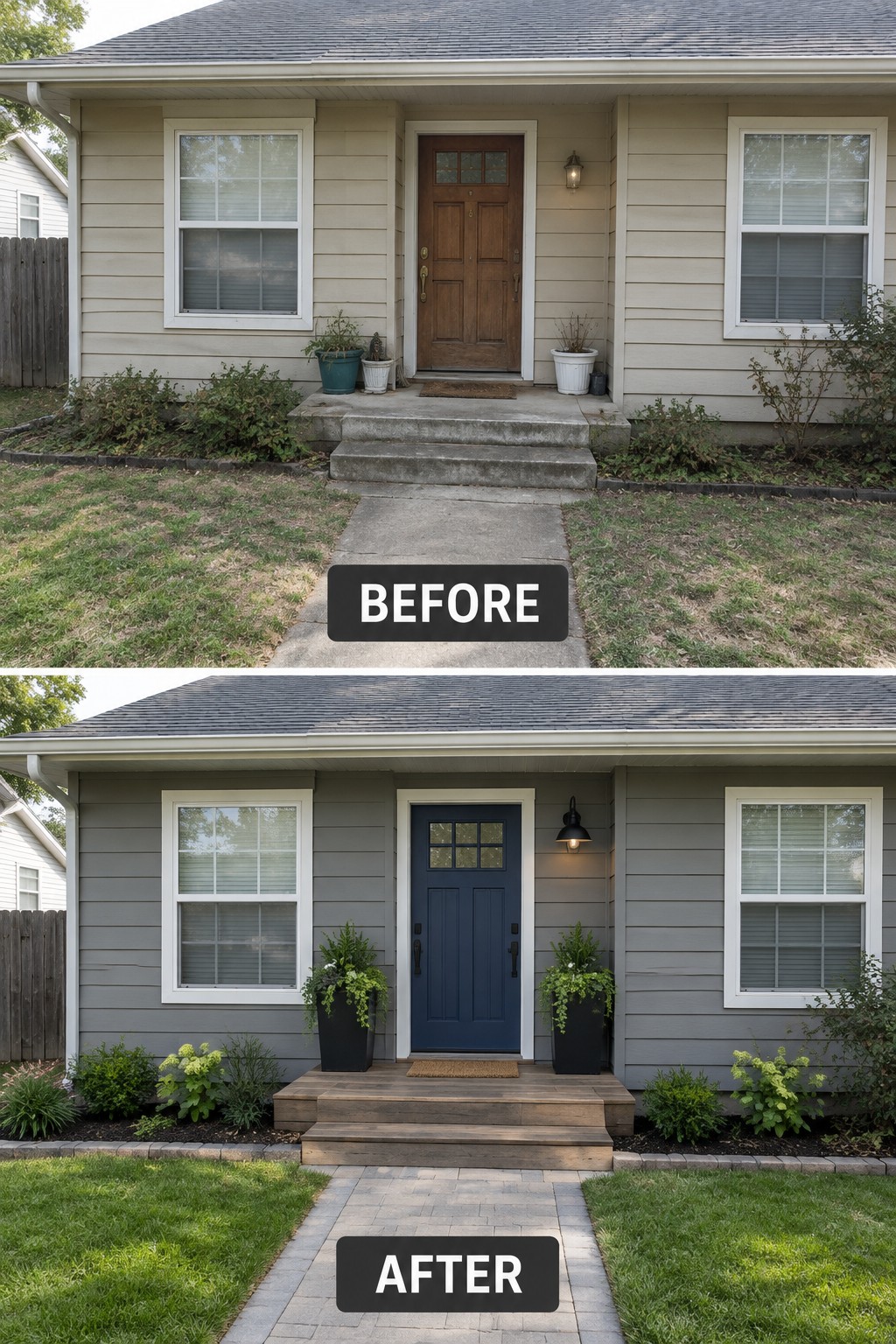 Before-and-after makeover image of a home’s front entry updated with a blue door, wood steps, planters, and a paved walkway.