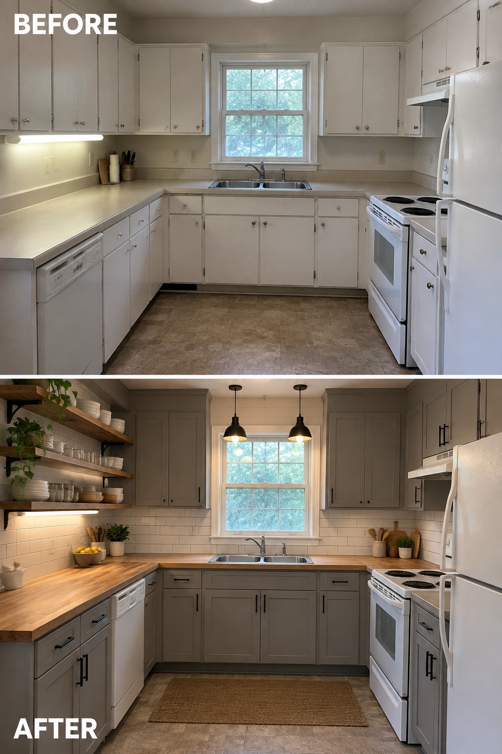 Before-and-after image of a kitchen updated with wood countertops, gray cabinets, open shelves, and new lighting.