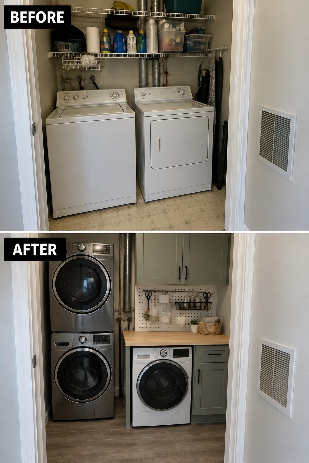Before-and-after makeover image of a laundry room changed from side-by-side top-loading machines and open shelves to stacked front-loading machines, cabinets, and a work counter.