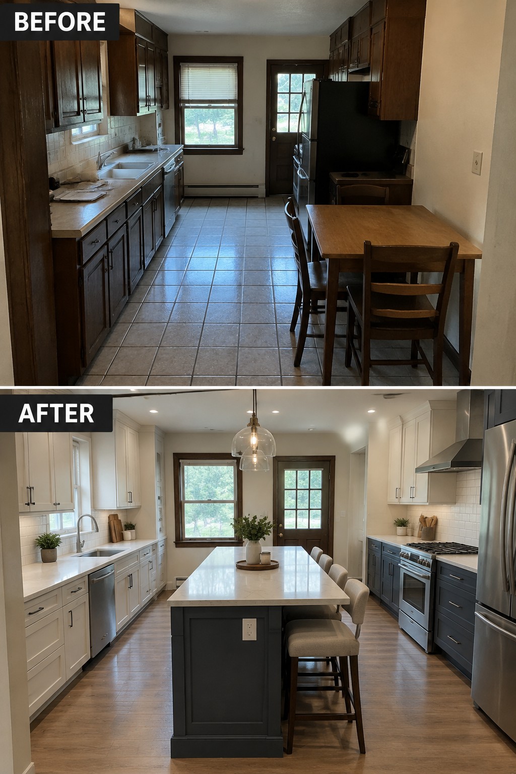 Before-and-after makeover image of a narrow kitchen with dark cabinets and a small table changed into a brighter kitchen with a central island and updated cabinetry.
