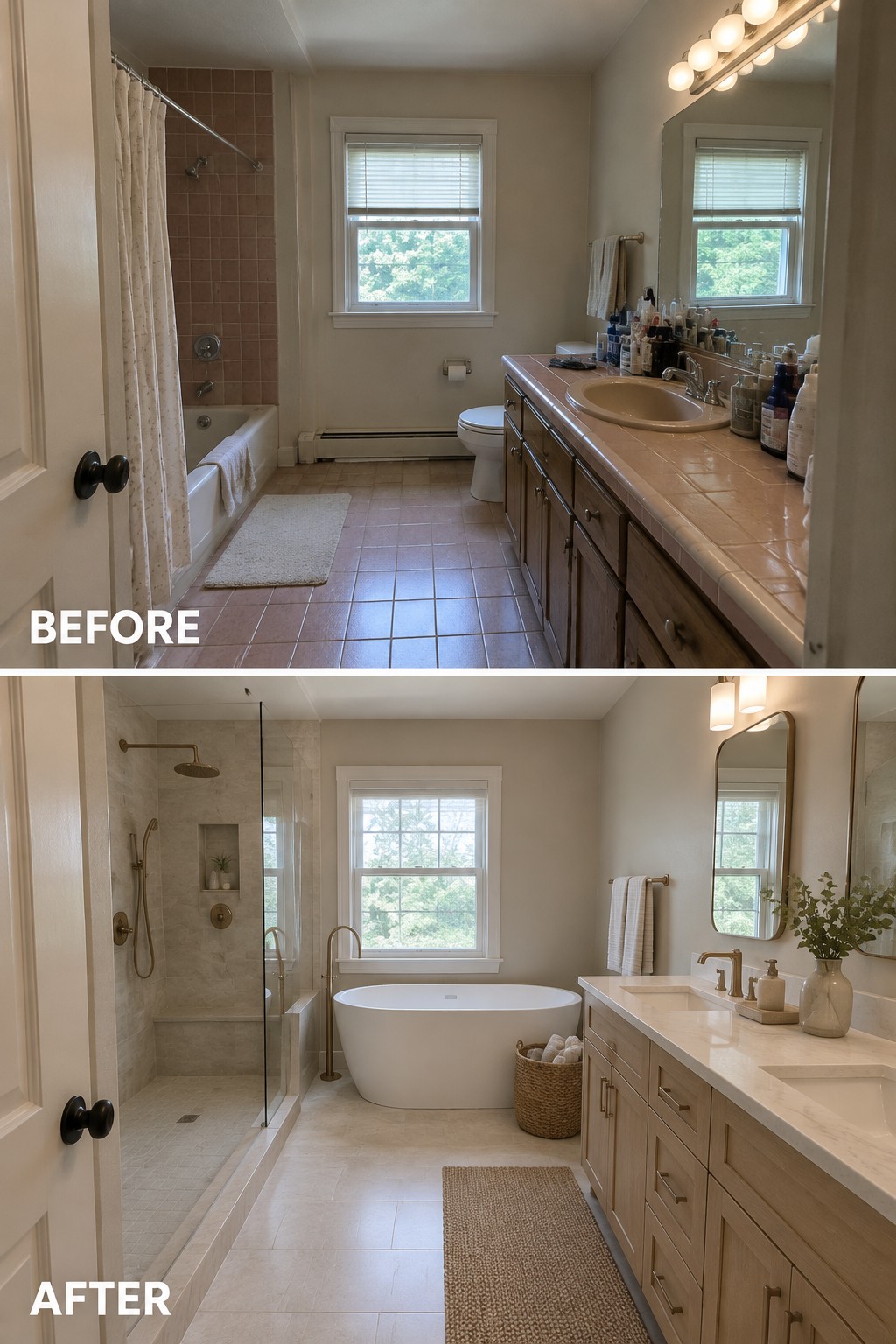 Before-and-after makeover image of a bathroom changed from a tub-shower combination and long vanity to a separate glass shower, freestanding tub, and double vanity.
