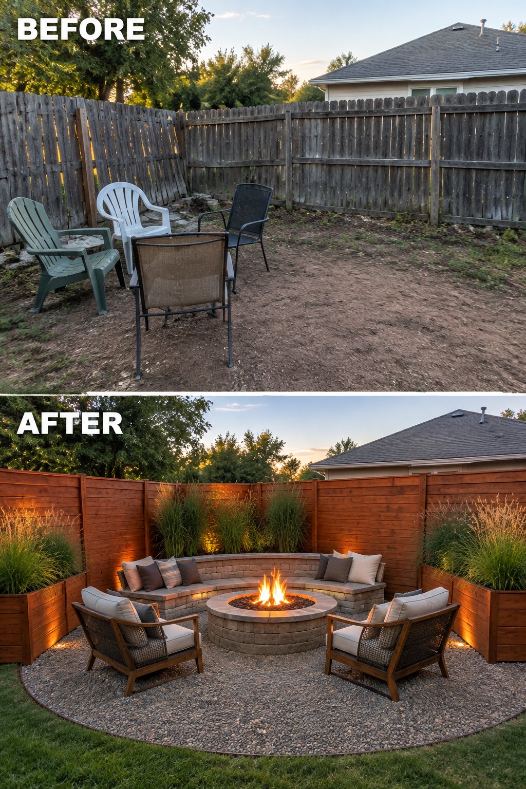 Before-and-after makeover image of a bare backyard changed into a gravel seating area with a built-in bench and fire pit.