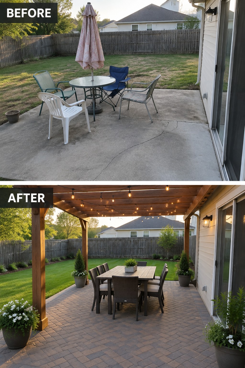 Before-and-after image of a bare concrete patio changed into a paver dining area beneath a pergola.