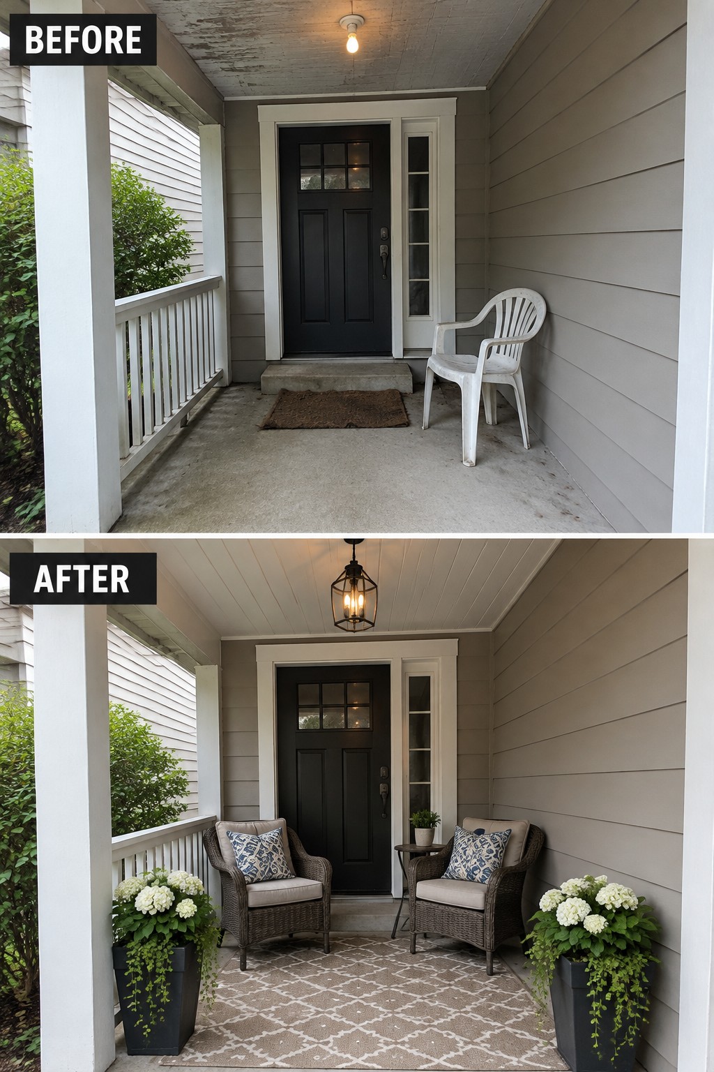 Before-and-after makeover image of a bare covered porch changed into a seating area with two chairs, a rug, and planters.