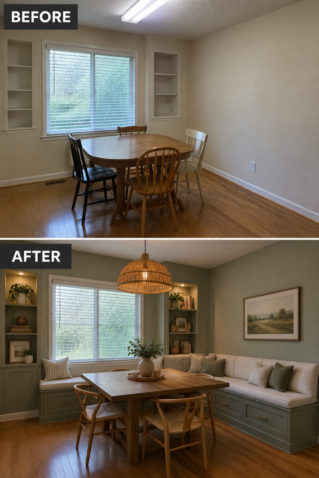 Before-and-after makeover image of a dining room changed from a table with separate chairs to a dining nook with built-in bench seating.
