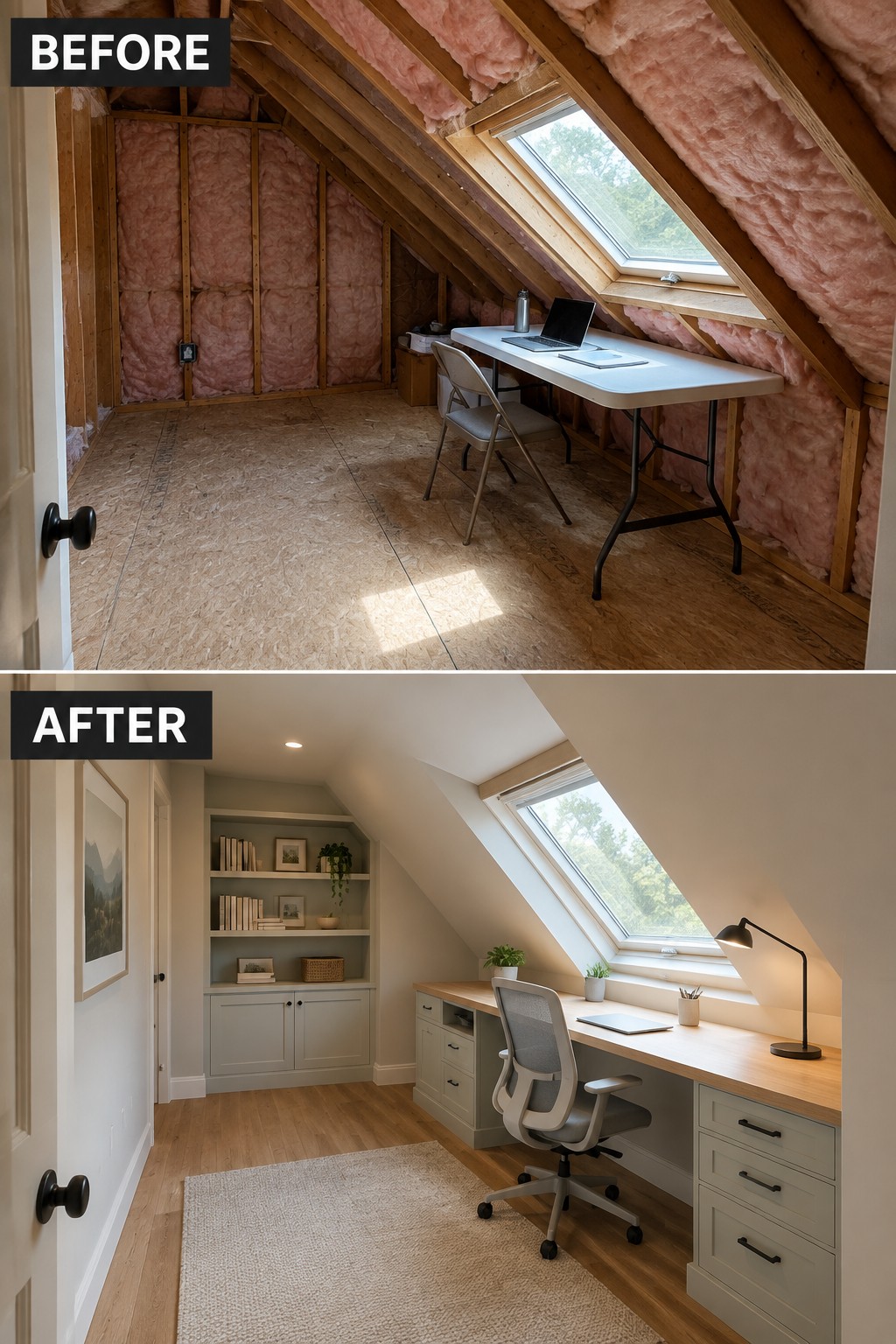 Before-and-after makeover image of an unfinished attic with exposed insulation changed into a home office with built-in shelves, cabinets, and a desk.