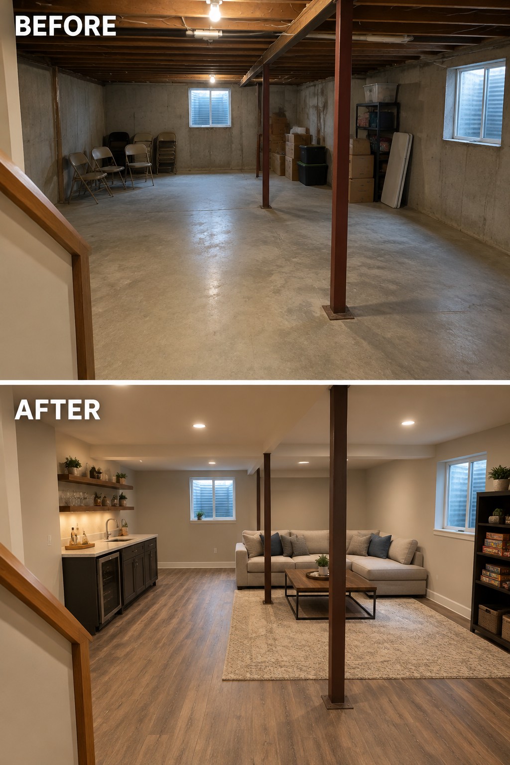 Before-and-after makeover image of an unfinished basement with concrete walls and floor changed into a finished living area with wood flooring, a sofa, and a counter.