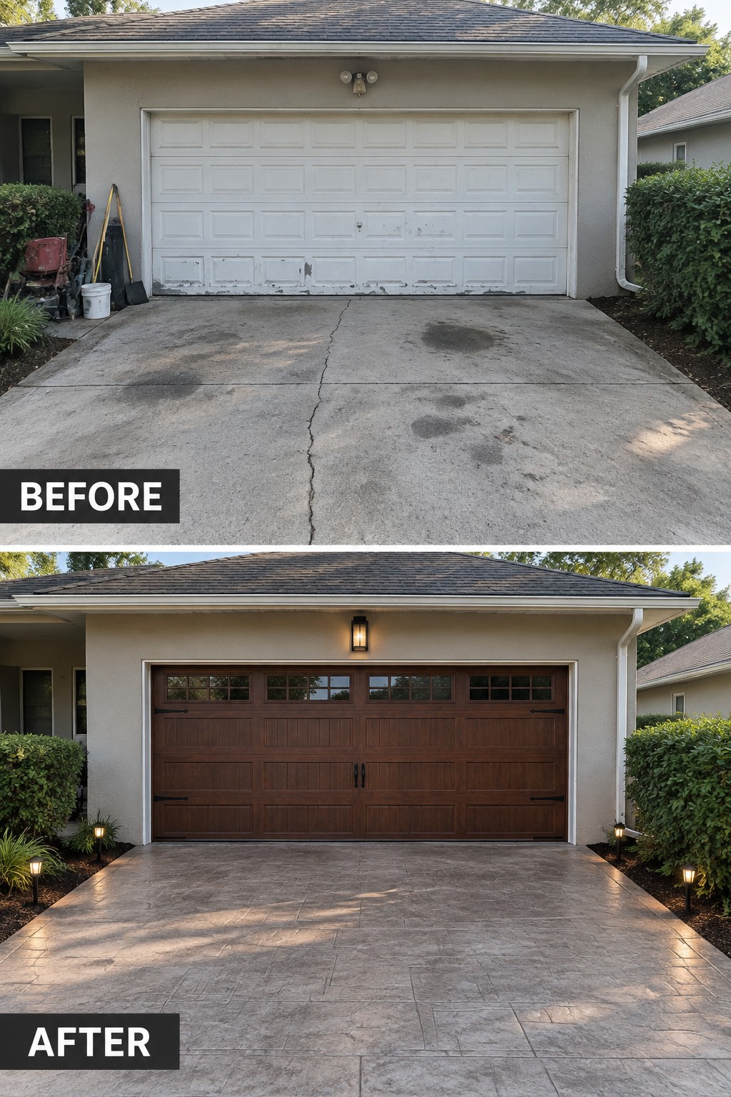 Before-and-after makeover image of a garage exterior with a worn white door and cracked driveway updated with a wood-look door and resurfaced driveway.