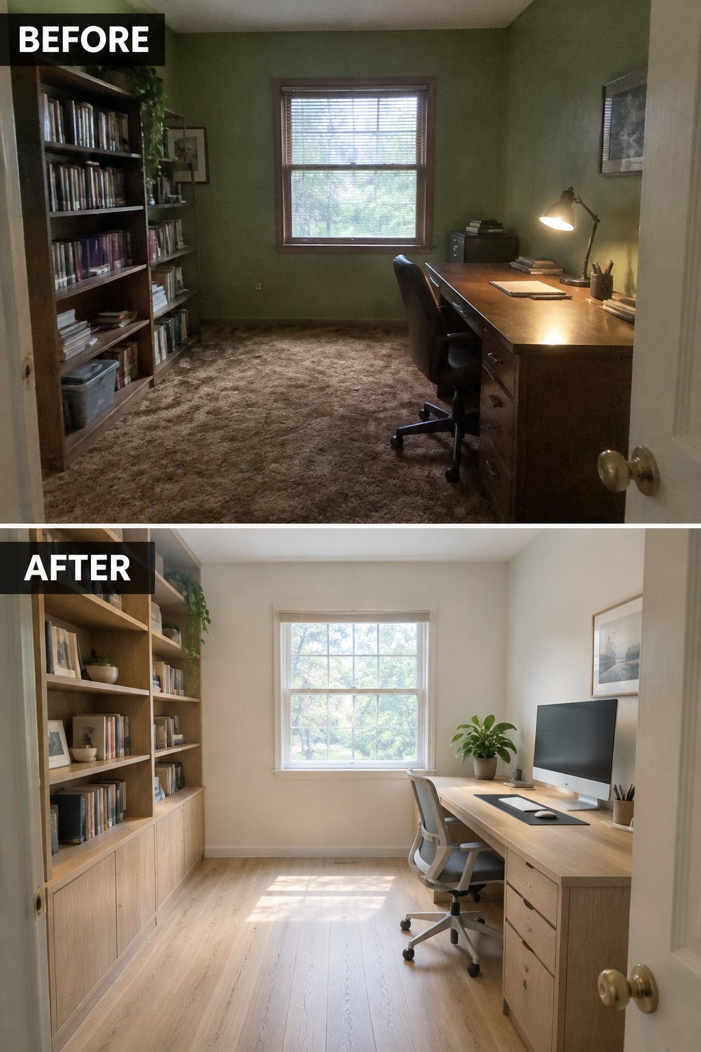 Before-and-after makeover image of a home office updated with light wood flooring, built-in shelving, and a brighter desk area.