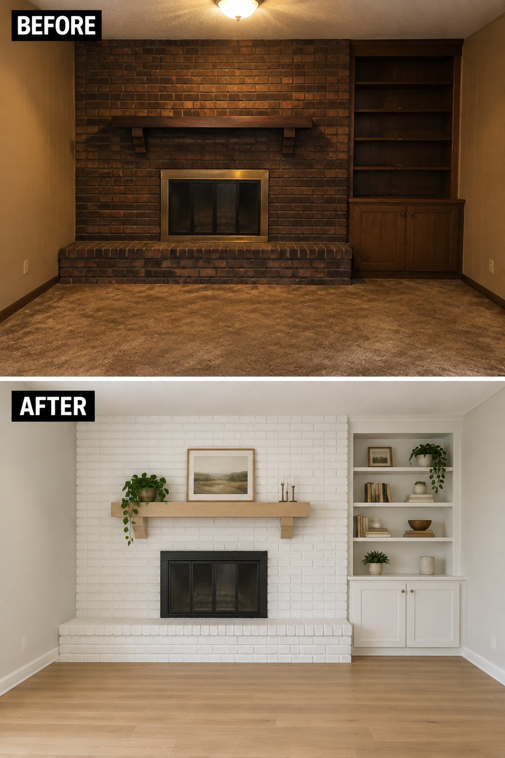 Before-and-after makeover image of a dark brick fireplace and built-in shelves updated with white brick, a light wood mantel, and light flooring.
