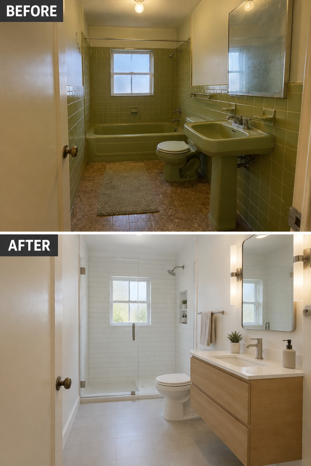Before-and-after makeover image of a bathroom changed from an older tub and pedestal sink to a walk-in shower and wood vanity.