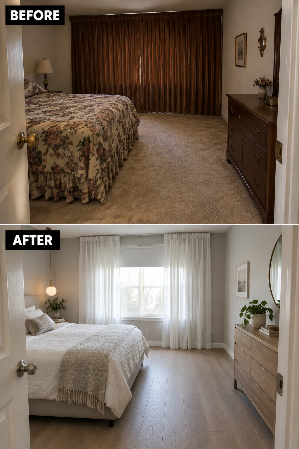 Before-and-after makeover image of a bedroom changed from dark curtains and patterned bedding over carpet to sheer curtains, white bedding, and light wood-look flooring.