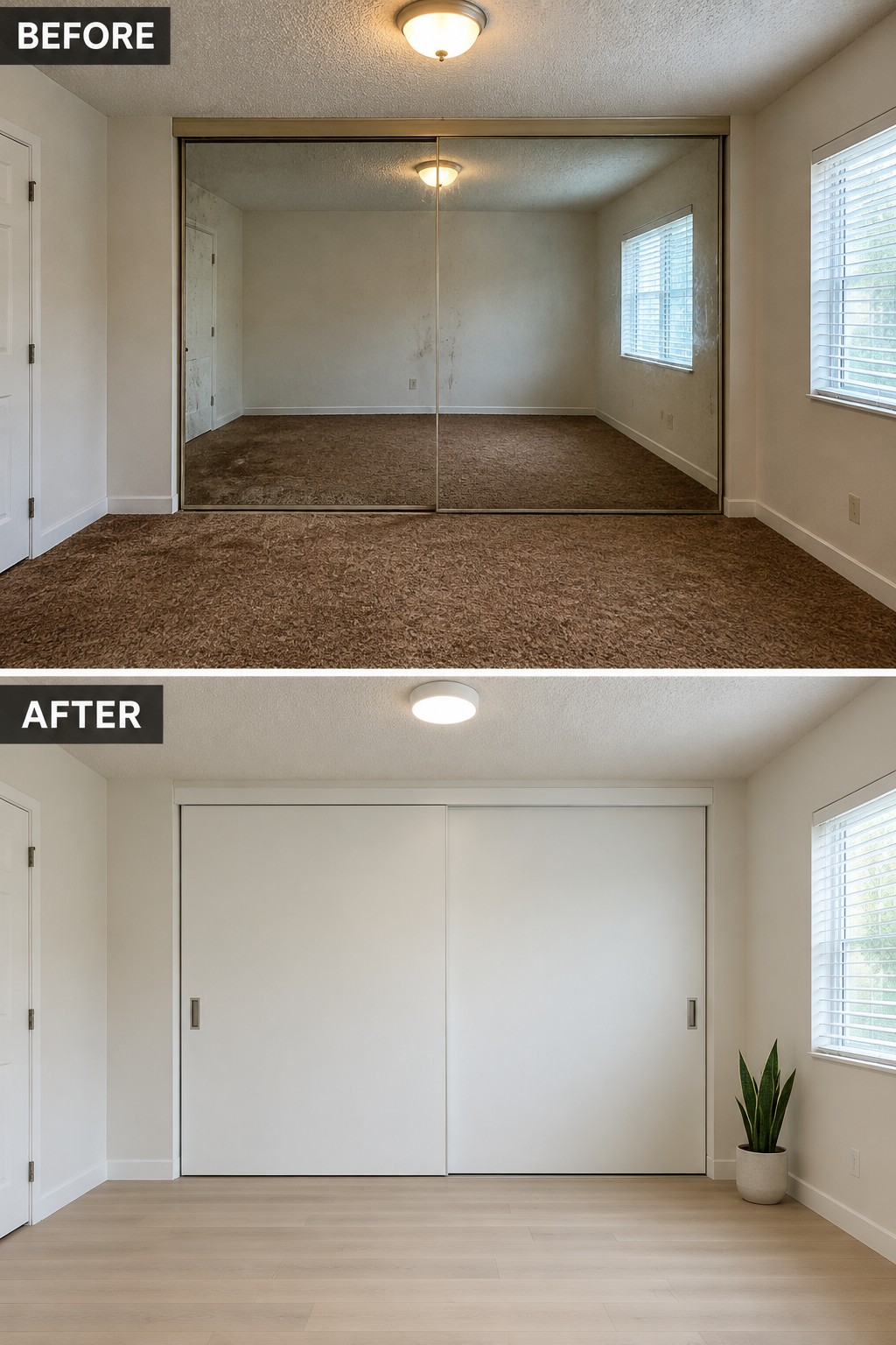 Before-and-after makeover image of a bedroom with mirrored closet doors and dark carpet updated with white sliding doors and light wood-look flooring.