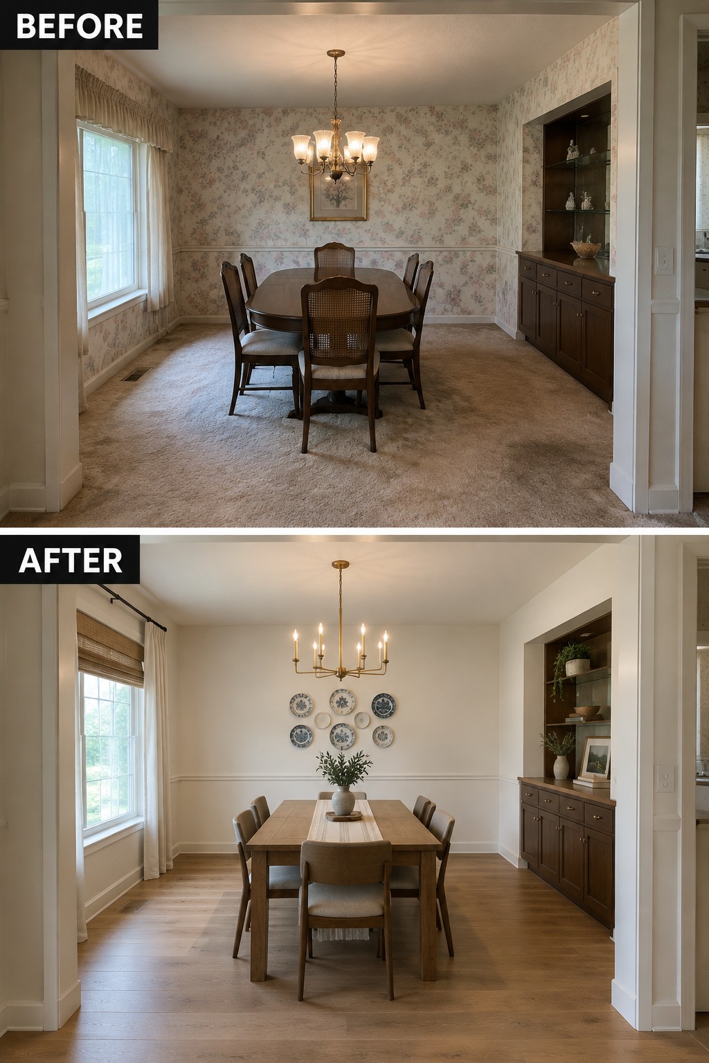 Before-and-after makeover image of a dining room changed from floral wallpaper and carpet to plain walls and wood flooring.