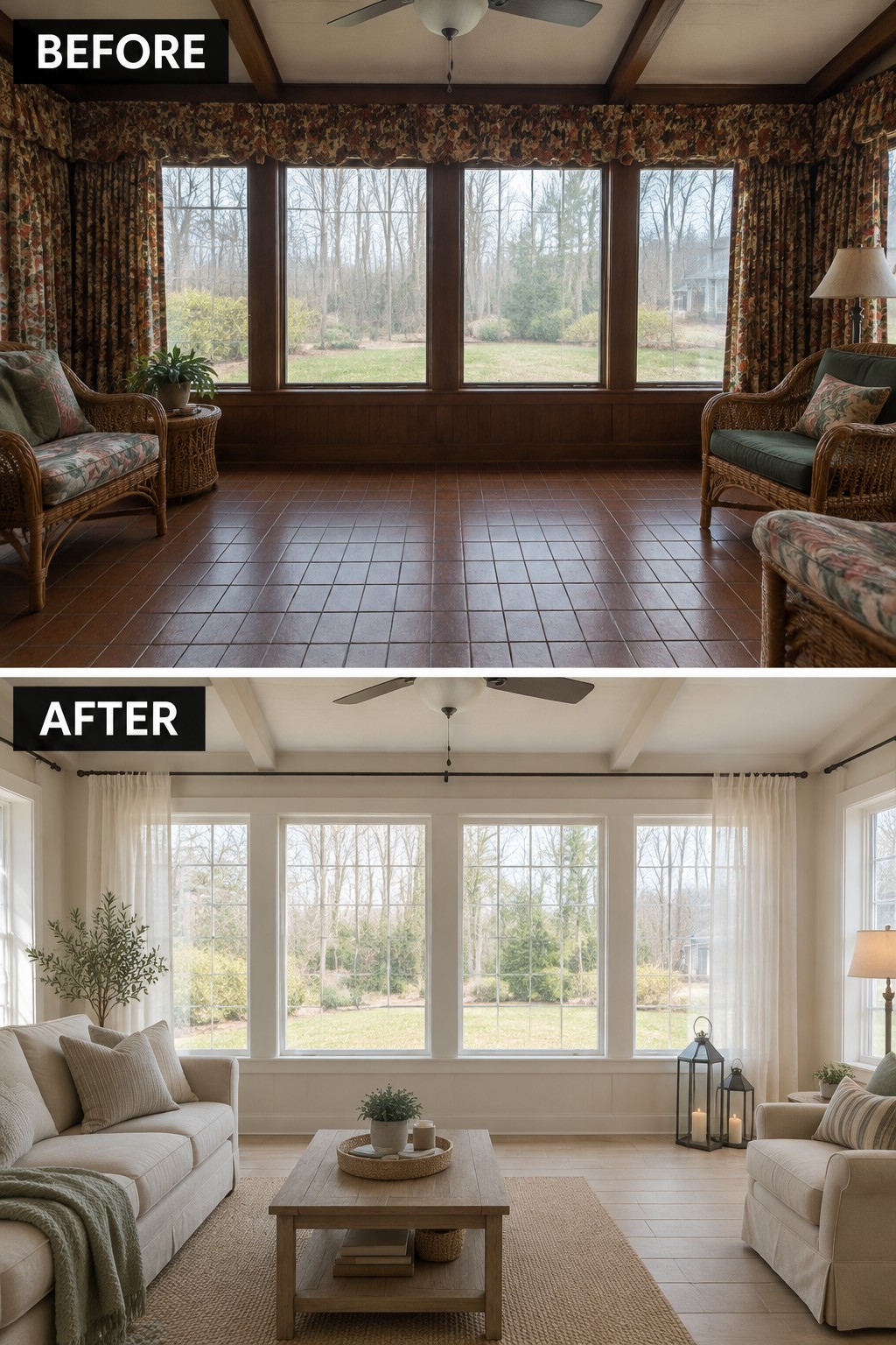 Before-and-after makeover image of a dark sunroom with patterned curtains changed into a bright sitting room with sheer window panels and light flooring.