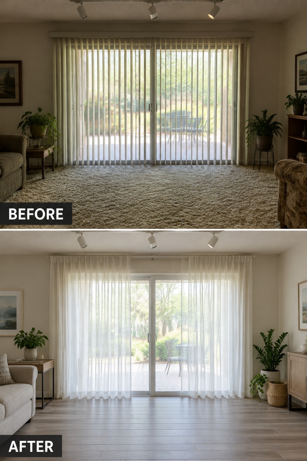 Before-and-after makeover image of a living room with vertical blinds and carpet updated with sheer curtains and wood-look flooring.