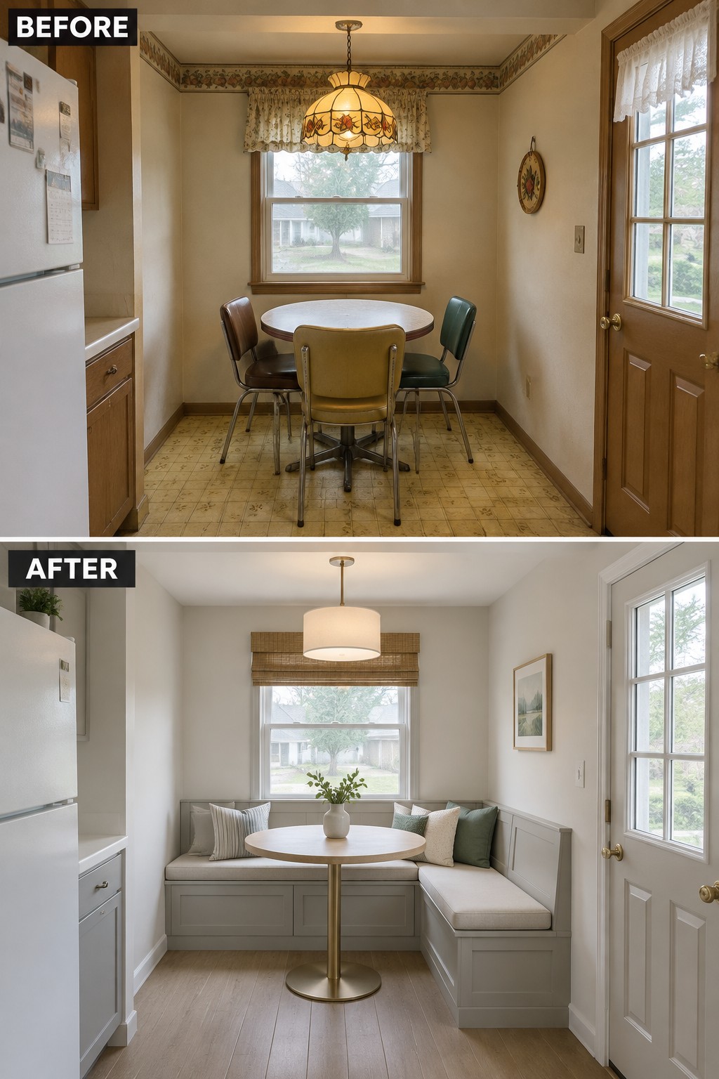 Before-and-after makeover image of a dated kitchen nook with a small table and chairs changed to a built-in corner bench, round table, and lighter flooring.