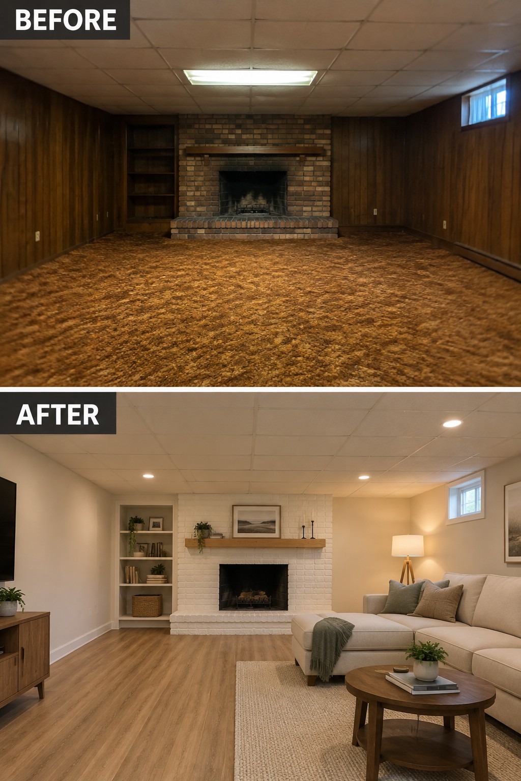 Before-and-after makeover image of a dark, wood-paneled living room with patterned carpet updated with light walls, a white brick fireplace, and wood-look flooring.
