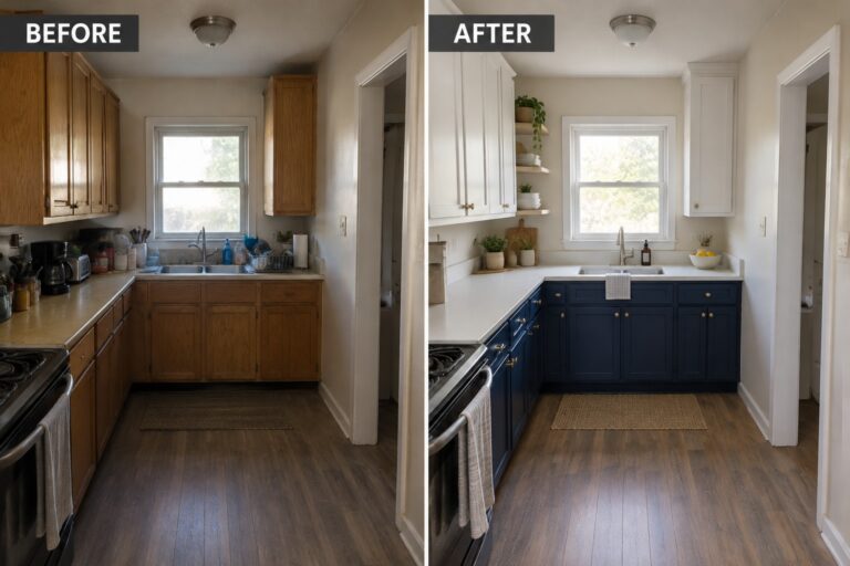 Before-and-after makeover image of a kitchen with wood cabinets changed to white upper cabinets and deep blue lower cabinets.