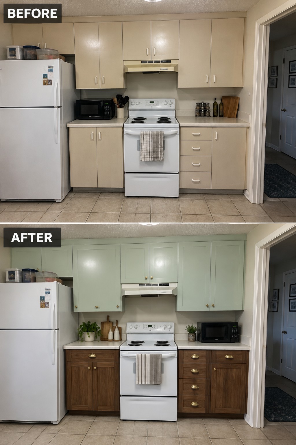 Before-and-after makeover image of a kitchen with beige cabinets changed to pale green upper cabinets and dark wood lower cabinets.