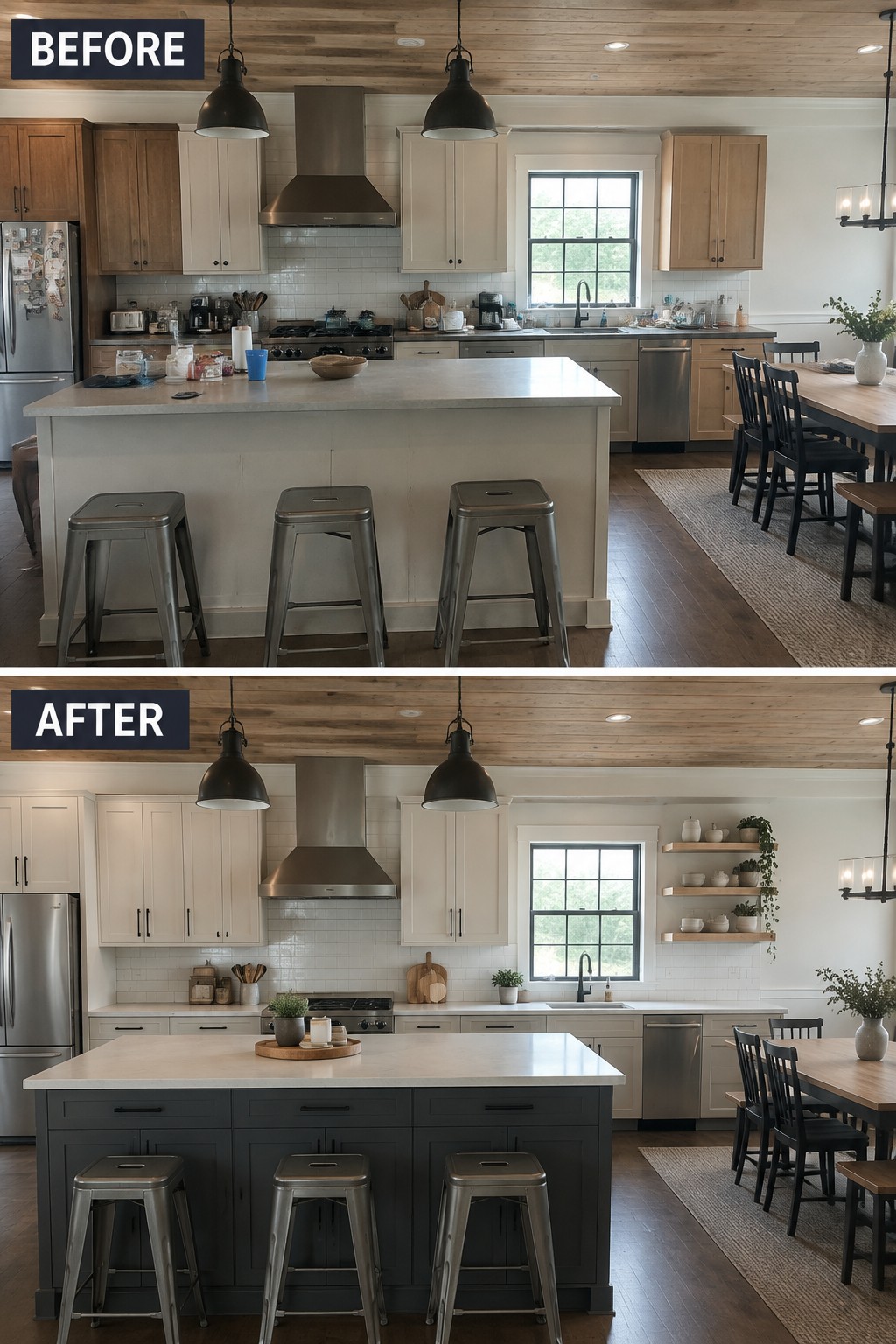 Before-and-after makeover image of a kitchen with wood cabinets and a pale island changed to light cabinets and a dark painted island.