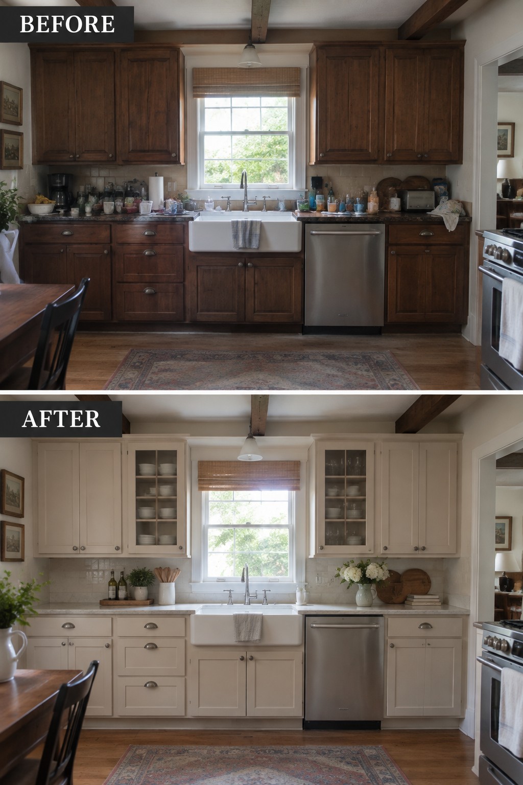 Before-and-after makeover image of a kitchen with dark wood cabinets repainted a light neutral color and some upper cabinets changed to glass fronts.