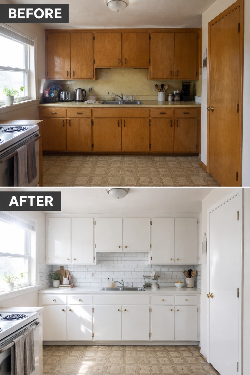 Before-and-after makeover image of a kitchen with dark wood cabinets repainted white and a subway tile backsplash added.