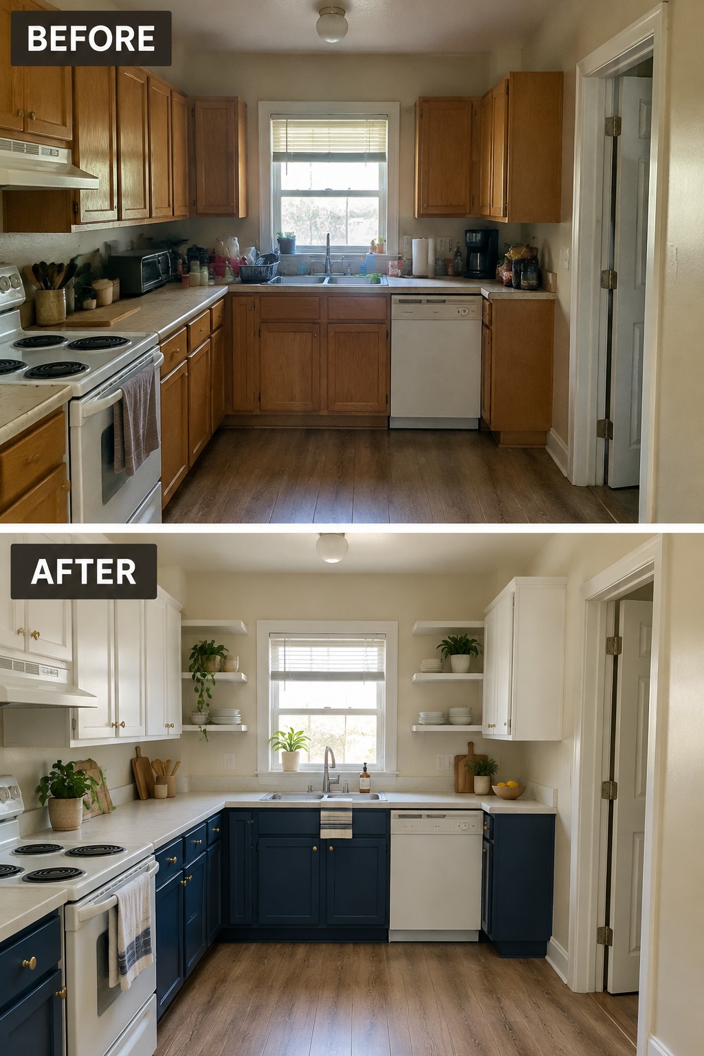 Before-and-after makeover image of a kitchen with wood cabinets changed to white upper cabinets and deep blue lower cabinets.