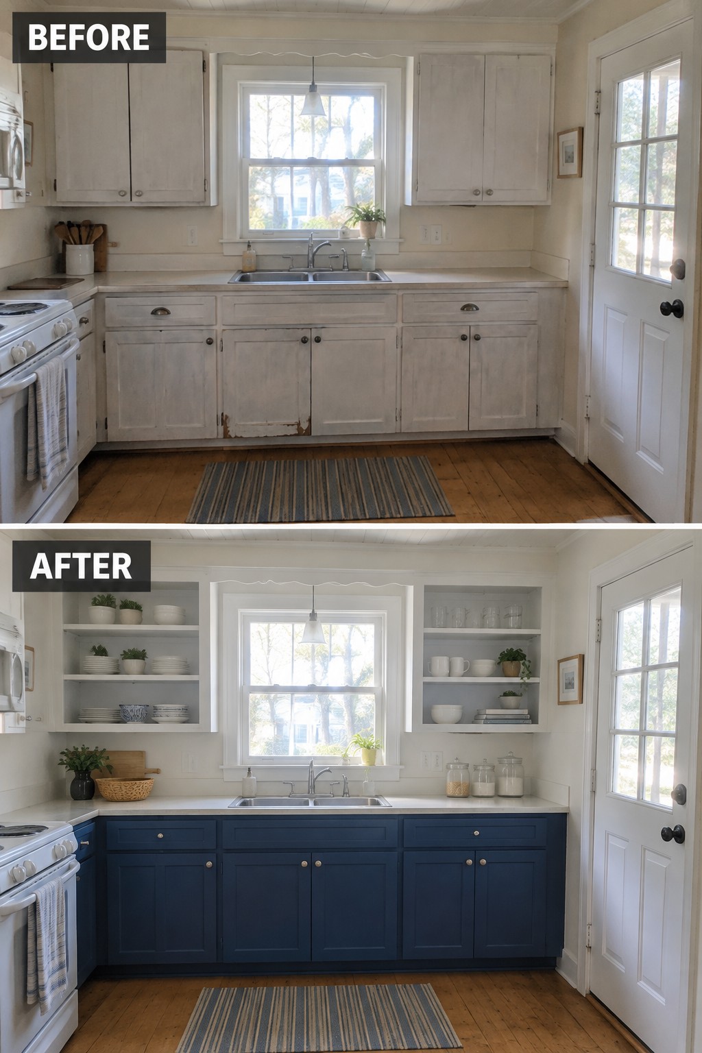 Before-and-after makeover image of a kitchen with worn white cabinets changed to blue lower cabinets and open shelves.