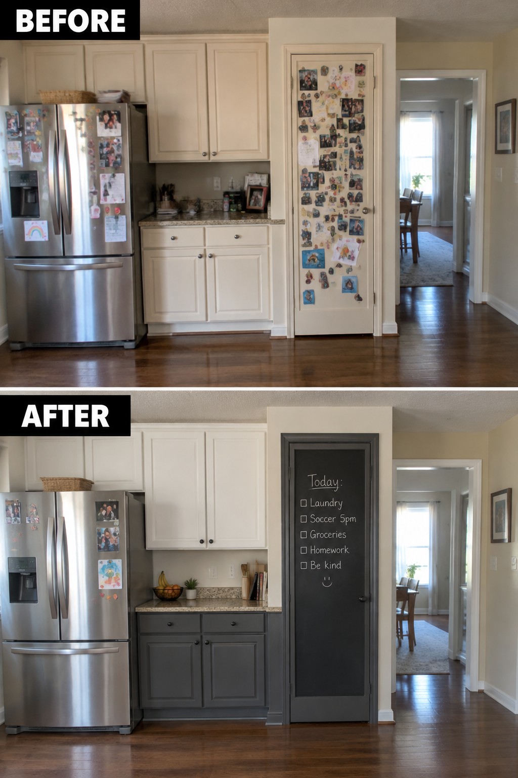 Before-and-after makeover image of a kitchen with cream cabinets updated with dark gray lower cabinets and a chalkboard door.