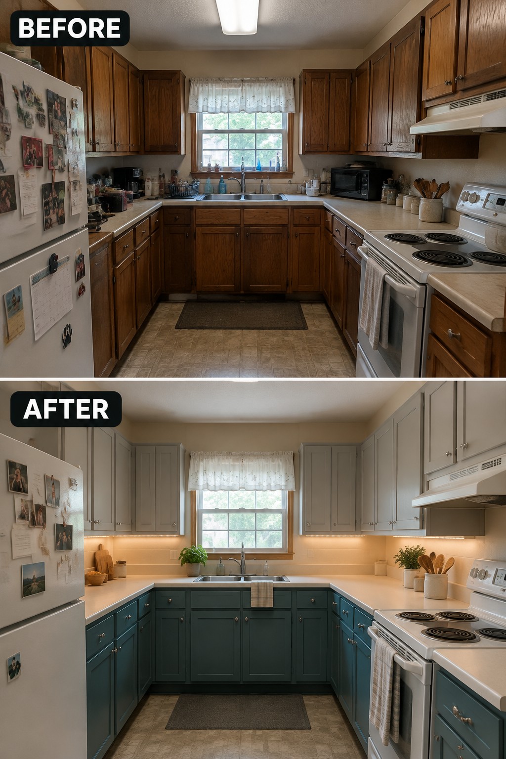Before-and-after makeover image of a kitchen with dark wood cabinets repainted pale gray above and deep teal below.