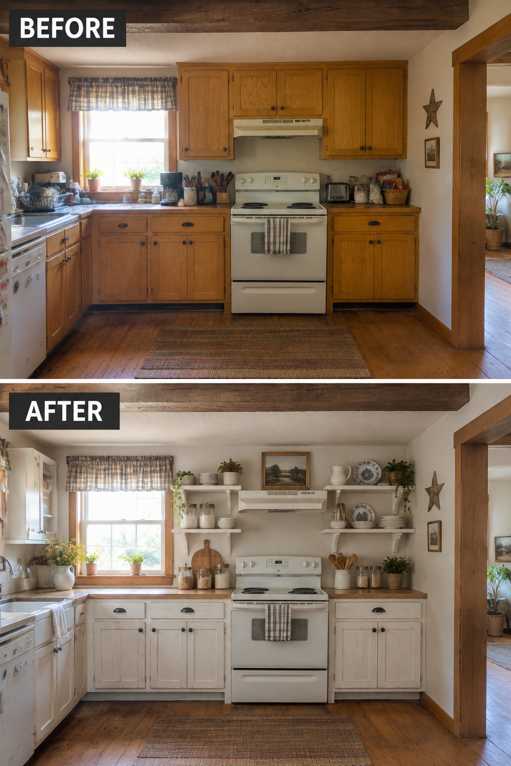 Before-and-after image of a kitchen with golden wood cabinets updated to white-painted cabinets and open shelves.