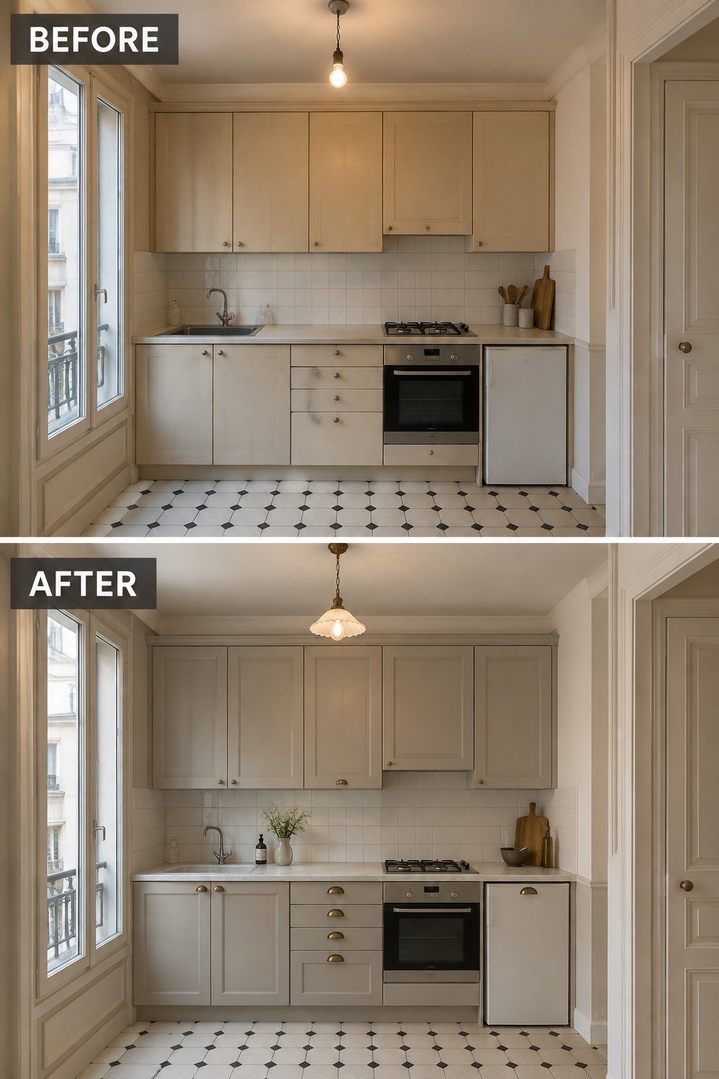 Before-and-after makeover image of a small kitchen with plain beige cabinets updated to muted gray cabinets with paneled fronts.