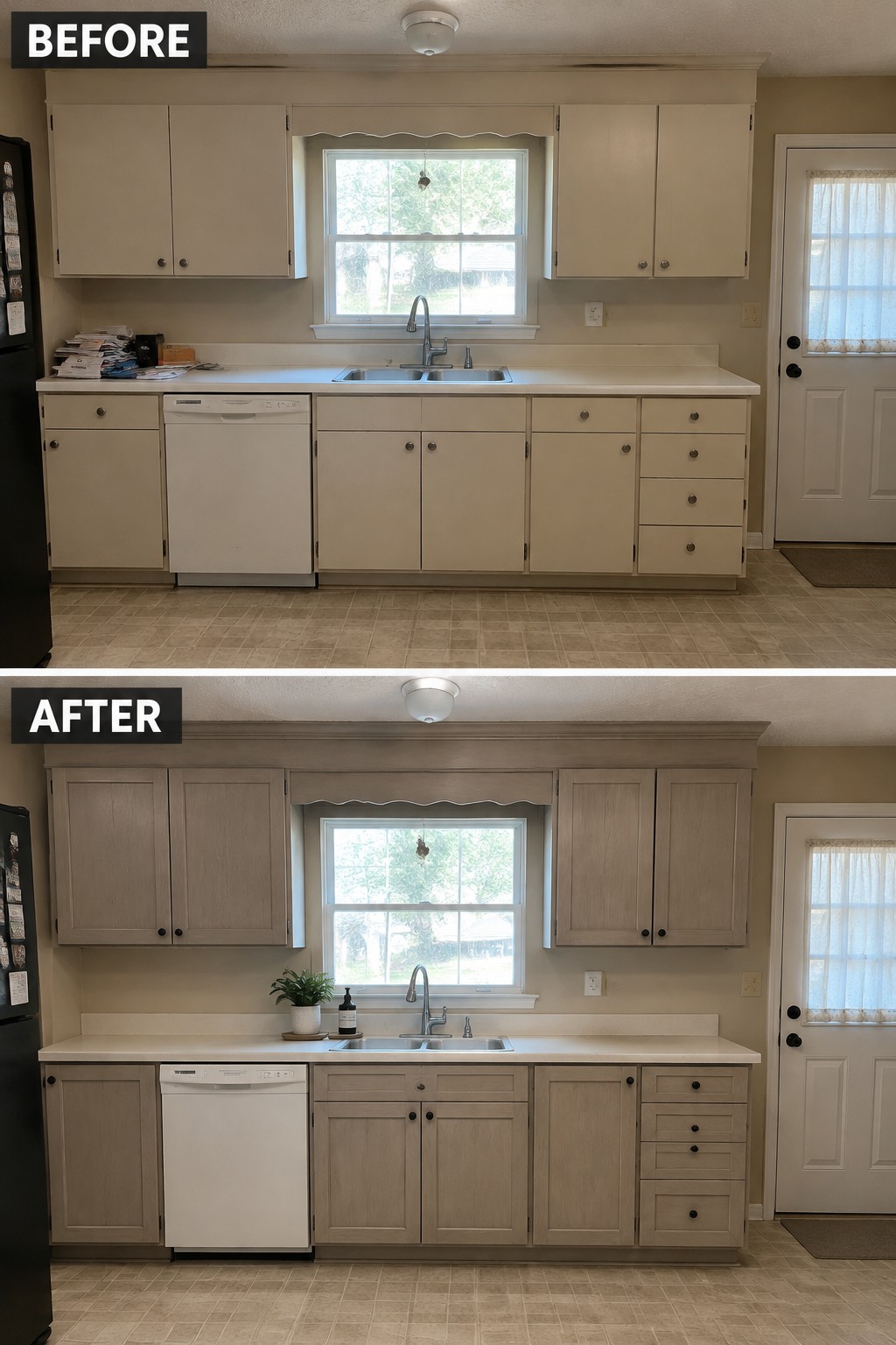 Before-and-after makeover image of a kitchen with cream cabinet fronts updated to a muted wood-tone finish.