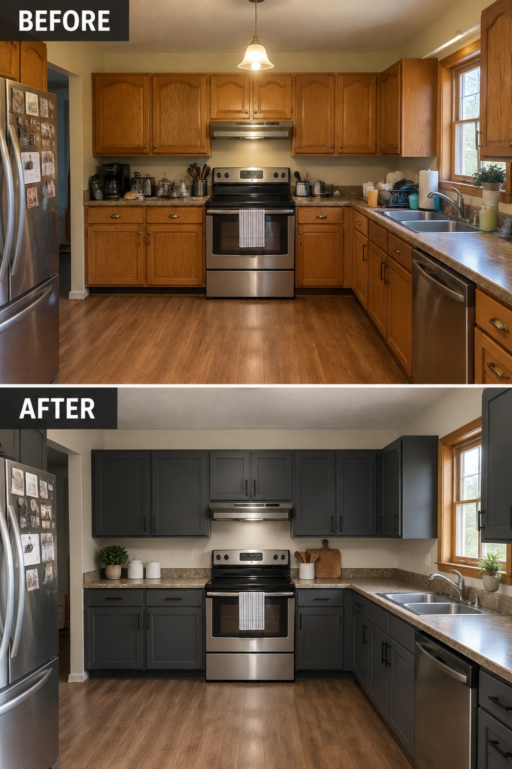 Before-and-after makeover image of a kitchen with wood cabinets changed to dark painted cabinets.