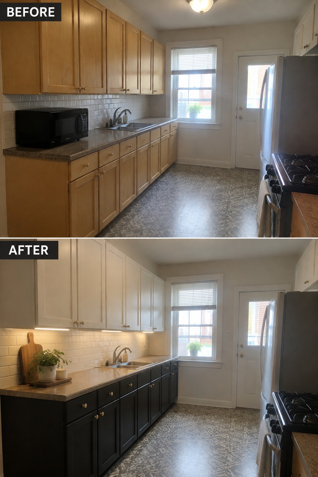 Before-and-after makeover image of a narrow kitchen with wood cabinets updated to light upper cabinets and dark charcoal lower cabinets.