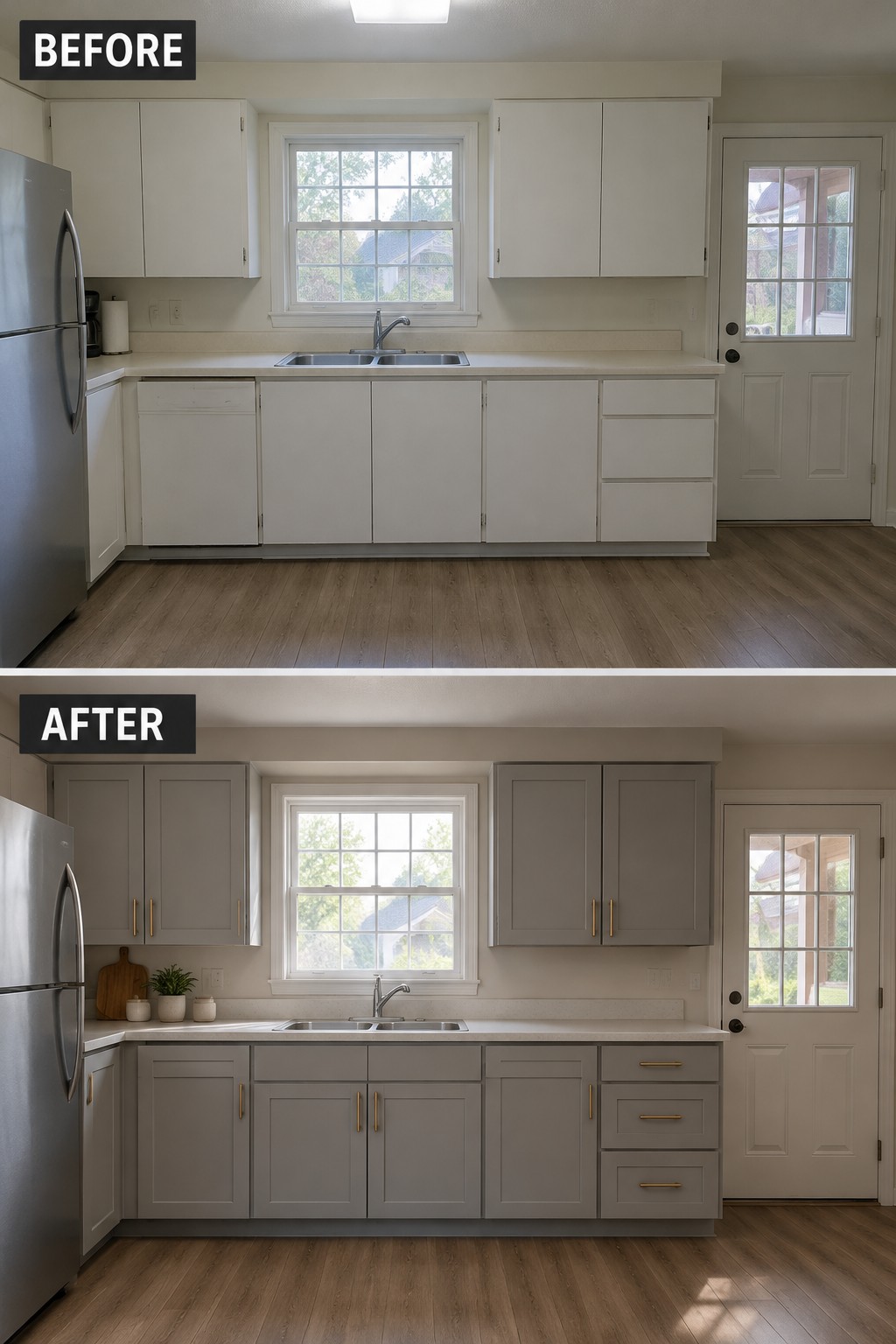 Before-and-after image of a kitchen updated with gray raised-panel cabinets and gold-tone hardware.