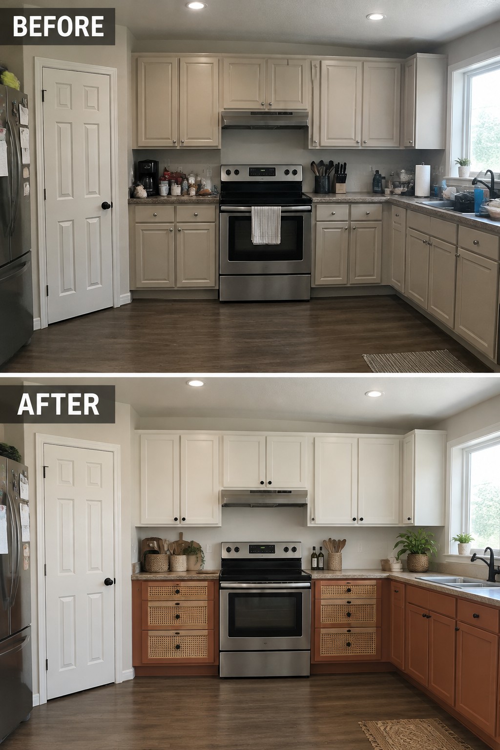 Before-and-after kitchen makeover image showing light painted upper cabinets and warm terracotta lower cabinets with woven drawer fronts.